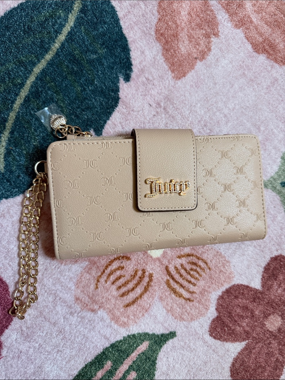 Juicy Couture Blush Embossed Logo Wallet Clutch with Gold Chain